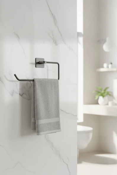 Siyah Yapışkanlı Solo Havluluk – Kare Topuzlu, (Yapıştır/Vidala) Montajlı Metal Banyo Askısı - (S-110) - KTS - Resim 3