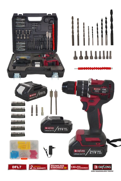 DAFLONG PRO 21V 130+ PARÇA ÇİFT AKÜLÜ ÇELİK MANDREN KÖMÜRSÜZ DARBELİ ŞARJLI MATKAP VİDALAMA DFL-7 - 2