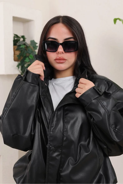 Oversize Vintage Bomber Deri Ceket - 7