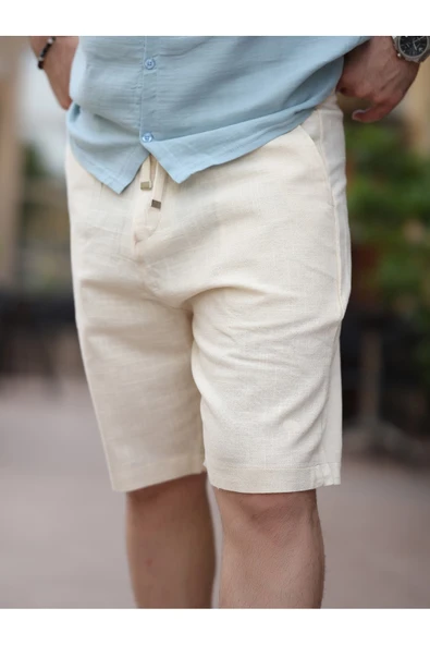 Rahat Kalıp Beli Lastikli Keten Şort - 2