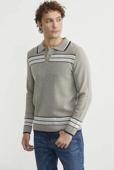 Polo Yaka Kilim Motifli Triko Kazak - Vizon - Resim 4