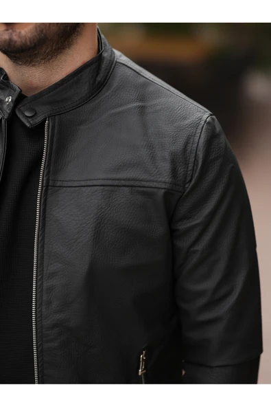 Yeni Sezon Erkek Premium Karbon Deri Slim Fit Mevsimlik Ceket - 5