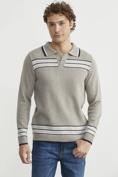 Polo Yaka Kilim Motifli Triko Kazak - Vizon ürün görseli