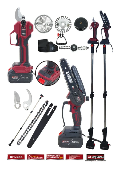 DAFLONG PROFESYONEL 4'LÜ SET ŞARJLI DİJİTAL MAKAS UZATMA KOLU YAĞLAMALI BUDAMA ŞARJLI TIRPAN DFL-255 - 3