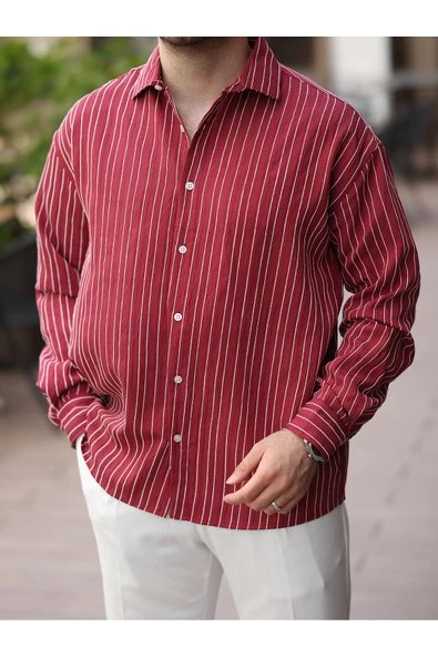 Yeni Sezon Eşref Tek Hafif Oversize Uzun Kollu Likralı Ütü İstemez Trend Çizgili Gömlek - 7
