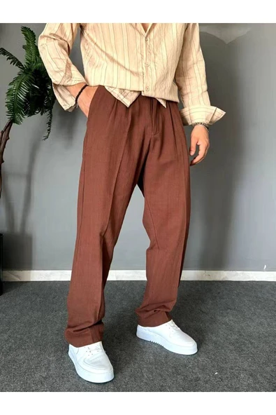 Old Money Pileli Baggy Kalıp Beli Lastikli Yazlık Keten Pantolon - 4