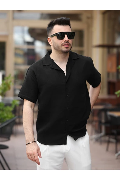 Erkek Relax Fit Kısa Kollu Keten Gömlek - 8