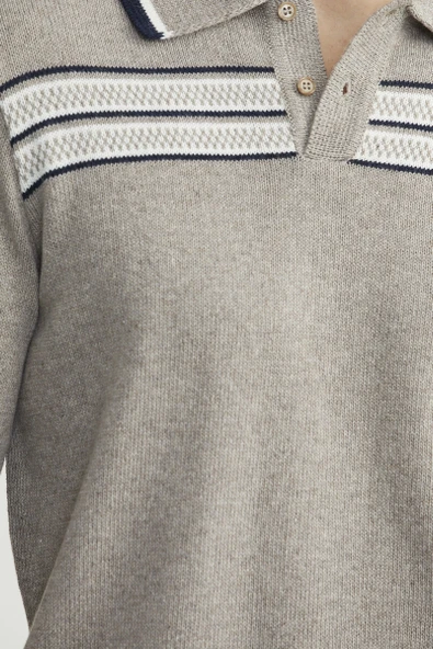 Polo Yaka Kilim Motifli Triko Kazak - Vizon - Resim 5