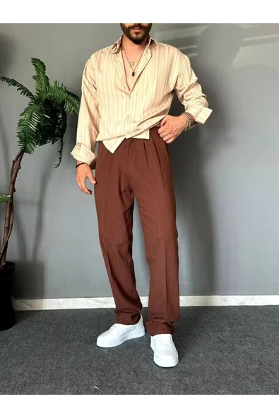 Old Money Pileli Baggy Kalıp Beli Lastikli Yazlık Keten Pantolon - 3