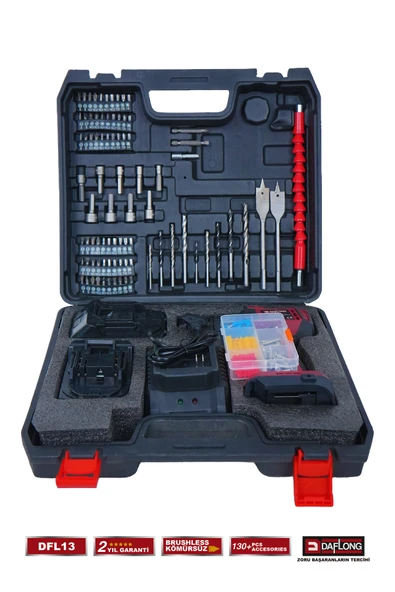 DAFLONG PRO 130 PARÇA DİJİTAL EKRANLI DİJİTAL AYARLANABİLİR HIZ KÖMÜRSÜZ 10 PİLLİ 21V ŞARJLI MATKAP DFL-13 - 4