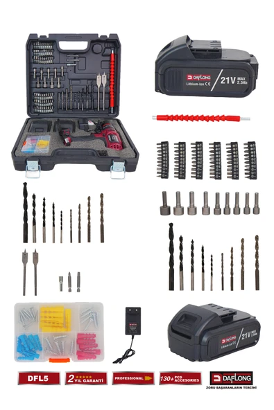 DAFLONG PRO BAKIR SARGILI 21V 84 PARÇA ÇEİLK MANDREN ÇİFT AKÜLÜ ŞARJLI DARBELİ MATKAP DFL-5 - 3