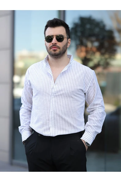 Çizgili Keten Gömlek - 8