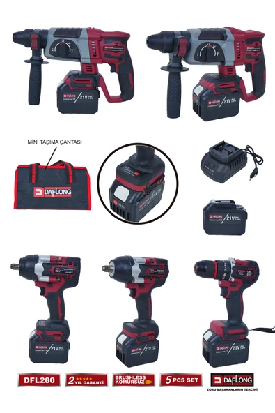 DAFLONG 15 PİLLİ 5'Lİ ÇANTALI SET 1300NM TORKLU+DEVİRLİ TAŞLAMA+MATKAP+KIRICI DELİCİ+FENER DFL-280 - 3