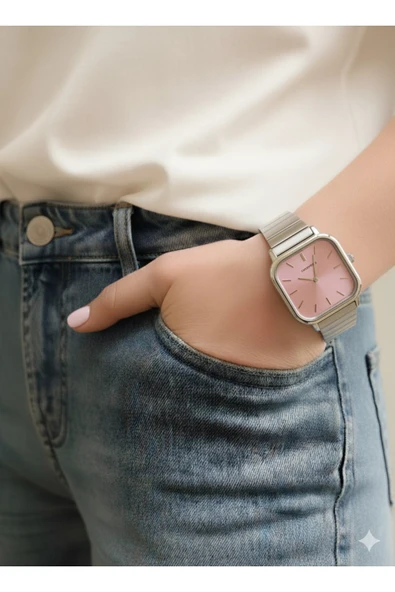 Zamansız Şıklık Sunan Kare Kasa Metal Kol Saati – Pembe Kadranlı, Minimalist ve Zarif Tasarım - Resim 3