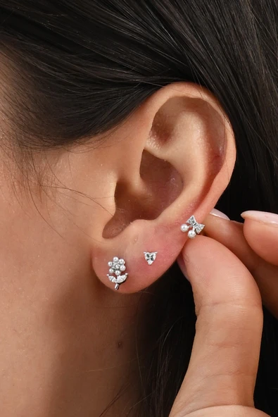 Gümüş rodyumlu zirkon taşlı incili çiçek, fiyonk ve kalpten oluşan kombin küpe SGTL13032RODAJ ürün görseli