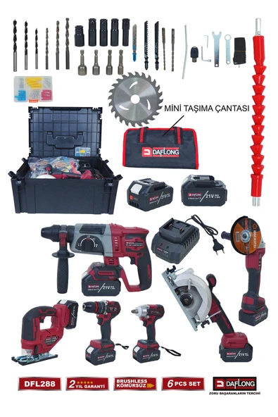 DAFLONG PRO 6'LI 4 BATARYALI TAŞIMA ÇANTALI İNŞAAT SETİ SUNTA KESME+DEKUPAJ MAKİNASI DFL-288 - 2