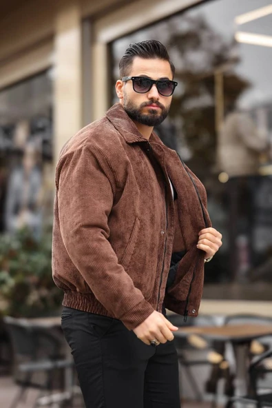 Unisex Yeni Sezon Kahverengi Oversize Vintage Kadife Ceket - 3