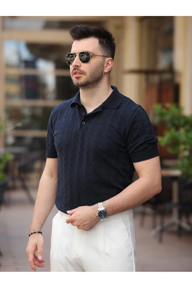 Old Money Kendinden Desenli Pamuklu Triko Tshirt - 7