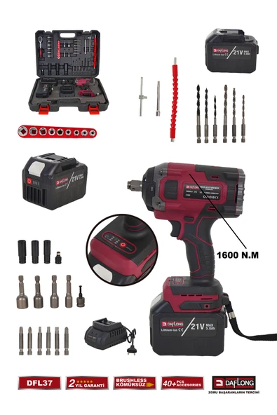 DAFLONG 21V 15 PİLLİ KÖMÜRSÜZ 1/2 1600NM TORKLU SOMUN SIKMA MAKİNASI -DFL-37 - Resim 2