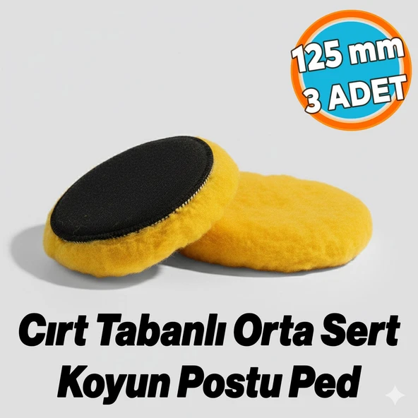 Orta Sert Koyun Kuzu Postu Pedi Ø 125 mm Pasta Cila Polisaj Cırt Tabanlı Yün Sarı Renk ( 3 Adet)