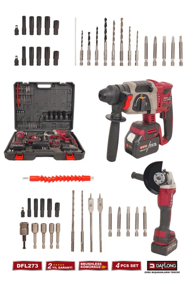 DAFLONG 4'LÜ ÇANTALI USTA SETİ 600NM TORKLU+KIRICI DELİCİ HİLTİ+TAŞLAMA+ŞARJLI MATKAP DFL-273 - 4