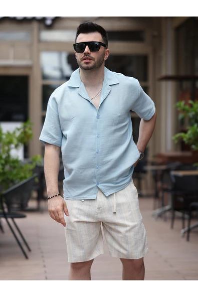 Erkek Relax Fit Kısa Kollu Keten Gömlek - 5