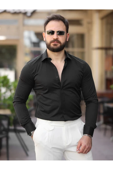 Süper Slim Fit (Dar Kalıp ) Gizli Düğmeli Pamuk Saten Gömlek - 11