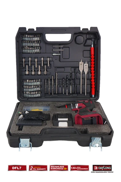 DAFLONG PRO 21V 130+ PARÇA ÇİFT AKÜLÜ ÇELİK MANDREN KÖMÜRSÜZ DARBELİ ŞARJLI MATKAP VİDALAMA DFL-7 - 4