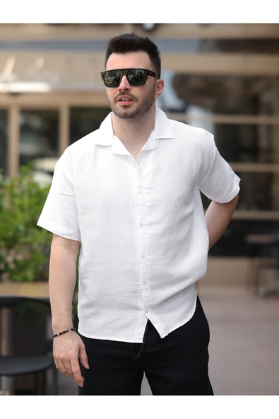Erkek Relax Fit Kısa Kollu Keten Gömlek