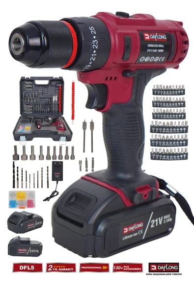 DAFLONG PRO BAKIR SARGILI 21V 84 PARÇA ÇEİLK MANDREN ÇİFT AKÜLÜ ŞARJLI DARBELİ MATKAP DFL-5