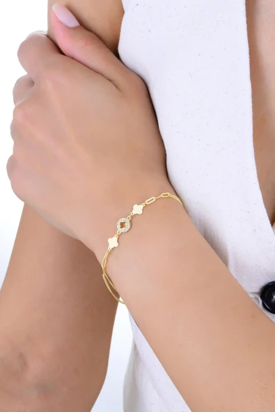 Gümüş altın yaldızlı zirkon taşlı çift zincirli katre yonca bileklik  SGTL12925GOLD