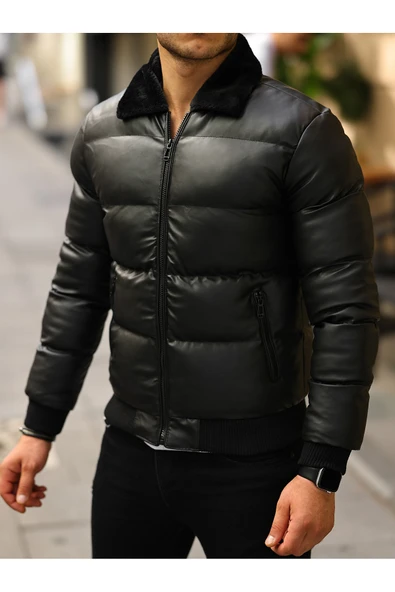 Erkek Siyah Şişme Deri Mont - 3