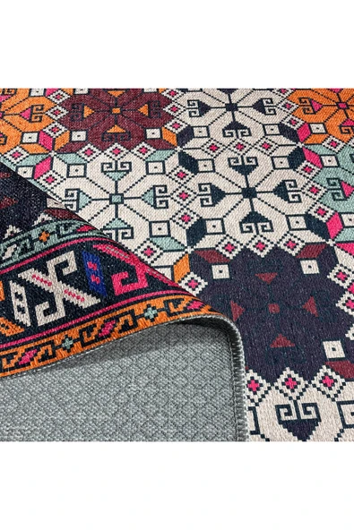 Pastel Home Turuncu Pembe Kahve Etnik Şönil Halı Kilim Yolluk Kaymaz Yıkanabilir Kordidor Mutfak Yatak Odası - 4