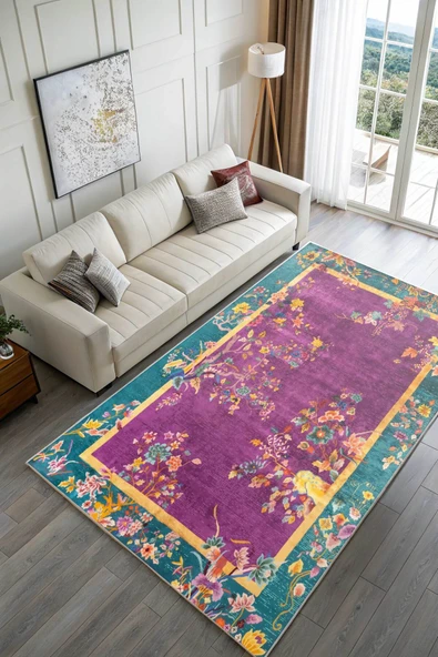 Pastel Home Kaşmir doku yumuşak kaymaz pamuk taban oturma odası salon mutfak koridor çiçekli mor yeşil halı - 2