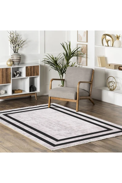 Pastel Home Siyah Çerçeveli Gri Şönil Halı Yolluk Kilim Salon Koridor Mutfak Kaymaz Yıkanabilir - Resim 5
