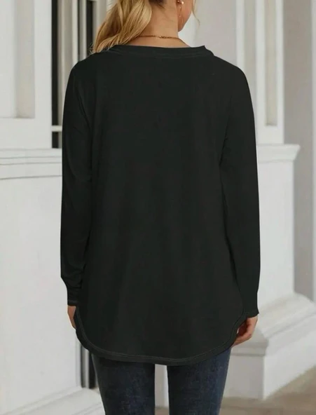 Kadın Uzun Kollu Yuvarlak Yaka Salaş Iki Iplik Bluz - Resim 3