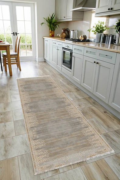 Pastel Home Sarı Gri Tasarım Şönil Halı Kilim Yolluk Kaymaz Yıkanabilir Saçaklı Salon Koridor Mutfak - 7