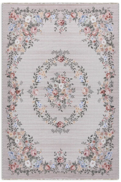 Pastel Home Eskitme çiçekli bej krem şönil halı kendinden saçaklı yıkanabilir salon mutfak koridor kaymaz taban ürün görseli 1