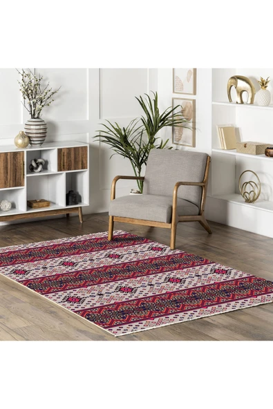 Pastel Home Etnik Desenli Pembe Bej Çok Renkli Şönil Halı Kilim Yolluk Kaymaz Yıkanabilir Mutfak Koridor Salon - 5