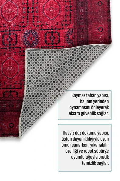 Pastel Home Tasarım Bordo Kırmızı Afgan Türkmen Şönil Halı Kilim Yolluk Kaymaz Yıkanabilir Salon Mutfak Koridor - Resim 4