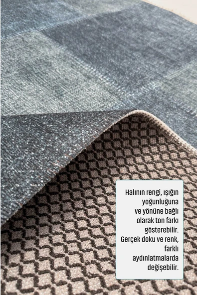 Pastel Home Mavi Denim Patchwork Tasarım Şönil Halı Kilim Yolluk Kaymaz Saçaklı Yıkanabilir Genç Odası Mutfak - 5