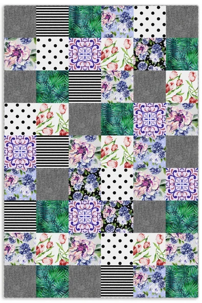 Pastel Home Gri Yeşil Çiçekli Patchwork Şönil Halı Kilim Yolluk Kaymaz Yıkanabilir Mutfak Koridor Oturma Odası