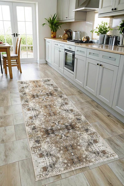 Pastel Home Kahverengi Tasarım Şönil Halı Kilim Yolluk Kaymaz Saçaklı Yıkanabilir Salon Mutfak Koridor - Resim 7