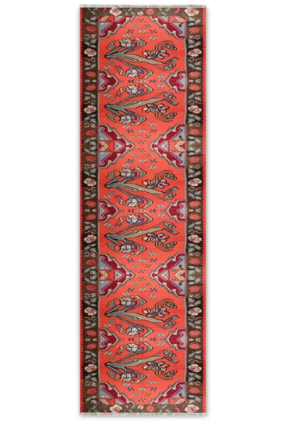 Pastel Home Pembe Kırmızı Eskitme Nostalji Anadolu Kilim Şönil Halı Yolluk Kaymaz Saçaklı Yıkanabilir - 6