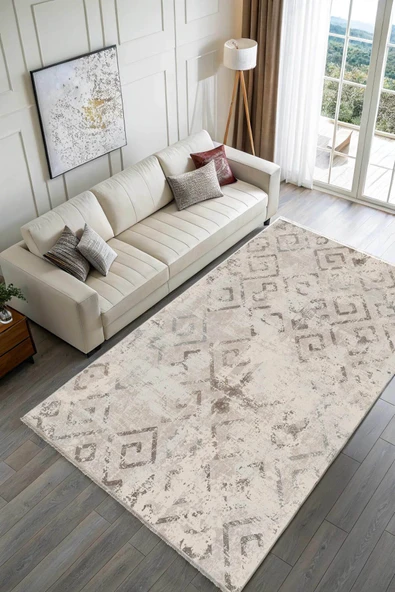 Pastel Home Eskitme Bej Gri Şönil Halı Kilim Yolluk Kaymaz Yıkanabilir Oturma Odası Mutfak Koridor Antre - Resim 2