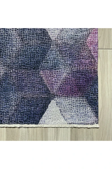 Pastel Home Geometrik Mor Pembe Şönil Halı Kilim Yolluk Yıkanabilir Kaymaz Salon Mutfak Oturma Odası Koridor - 2