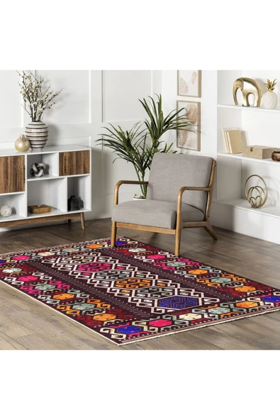 Pastel Home Bej Pembe Anadolu Kilim Modeli Şönil Halı Kilim Yolluk Kaymaz Yıkanabilir Salon Koridor Mutfak - 11
