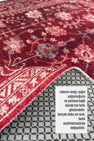 Pastel Home Tasarım Bordo Kırmızı Türkmen Klasik Şönil Halı Kilim Yolluk Kaymaz Yıkanabilir Salon Mutfak Koridor - 5