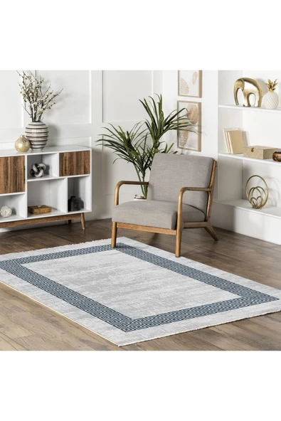 Pastel Home Modern Gri Çerçeveli Gri Şönil Halı Kilim Yolluk Yıkanabilir Kaymaz Salon Mutfak Koridor - Resim 11