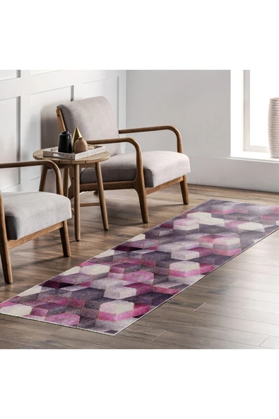 Pastel Home Geometrik Mor Pembe Şönil Halı Kilim Yolluk Yıkanabilir Kaymaz Salon Mutfak Oturma Odası Koridor - 6